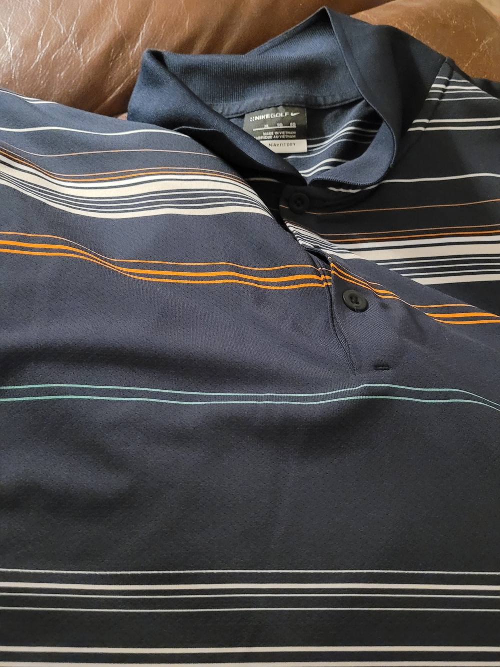 Nike Men’s Navy Golf Polo with Orange, Light Blue and White Stripes